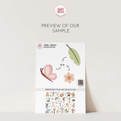 Check out a preview of Jungle Animal Wall Stickers by My Store. The sheet includes decals like a butterfly, leaf, flower, and various animals for nursery decor, with scale representation notes and a QR code at the bottom right.