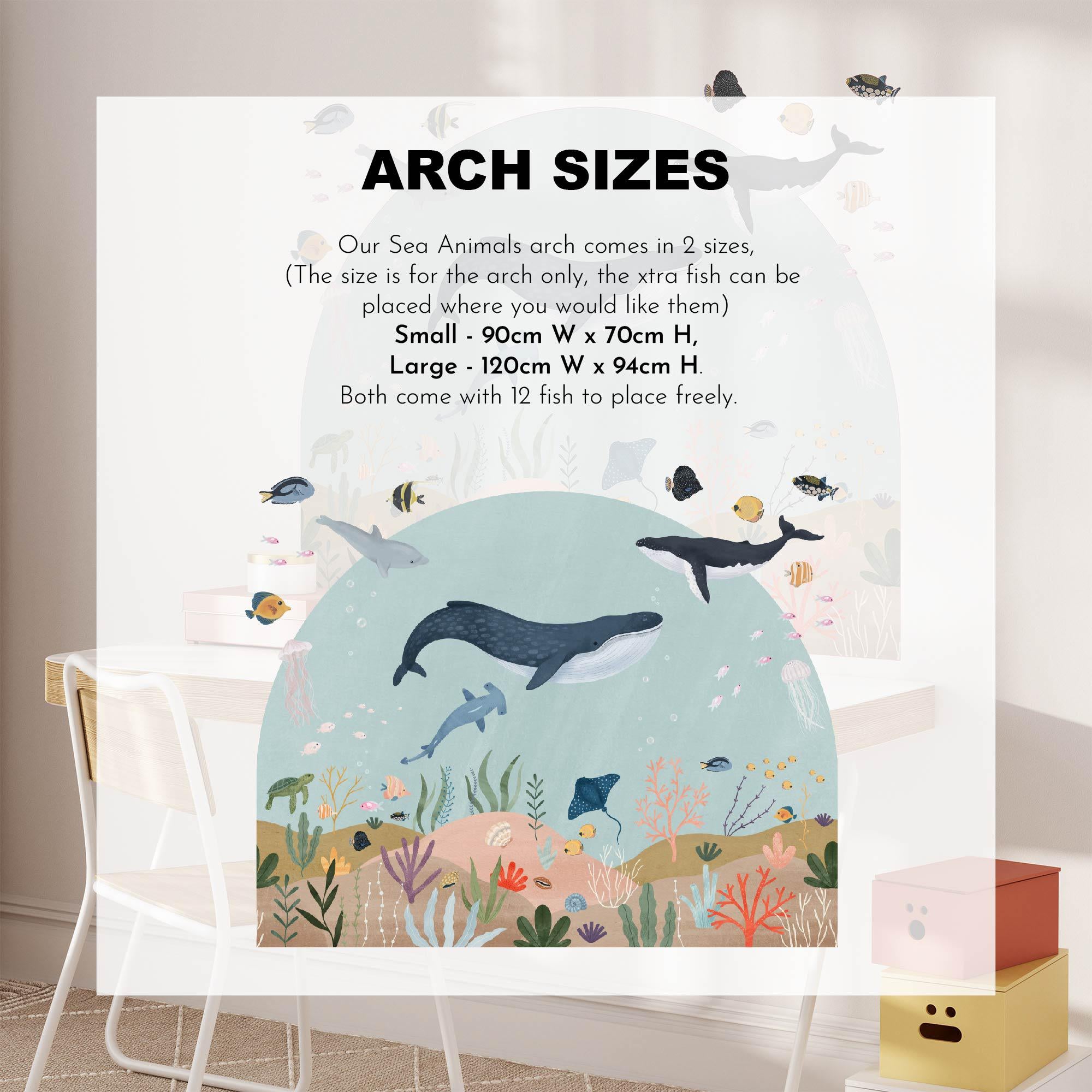 The Sea Animals Arch Wall Sticker from My Store depicts a sea animal-themed room with fish, whales, and underwater plant decals. The central text lists arch sizes: Small (90cm W x 70cm H) and Large (120cm W x 94cm H), plus 12 flexible wall sticker fish.