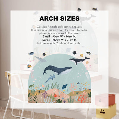 The Sea Animals Arch Wall Sticker from My Store depicts a sea animal-themed room with fish, whales, and underwater plant decals. The central text lists arch sizes: Small (90cm W x 70cm H) and Large (120cm W x 94cm H), plus 12 flexible wall sticker fish.