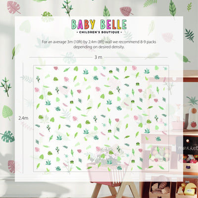 A room decorated with wallpaper from BABY BELLE CHILDRENS BOUTIQUE measuring 3m x 2.4m can be enhanced with My Stores Tropical Leaves Nursery Wall Stickers and 8-9 wallpaper packs for a lush ambiance.