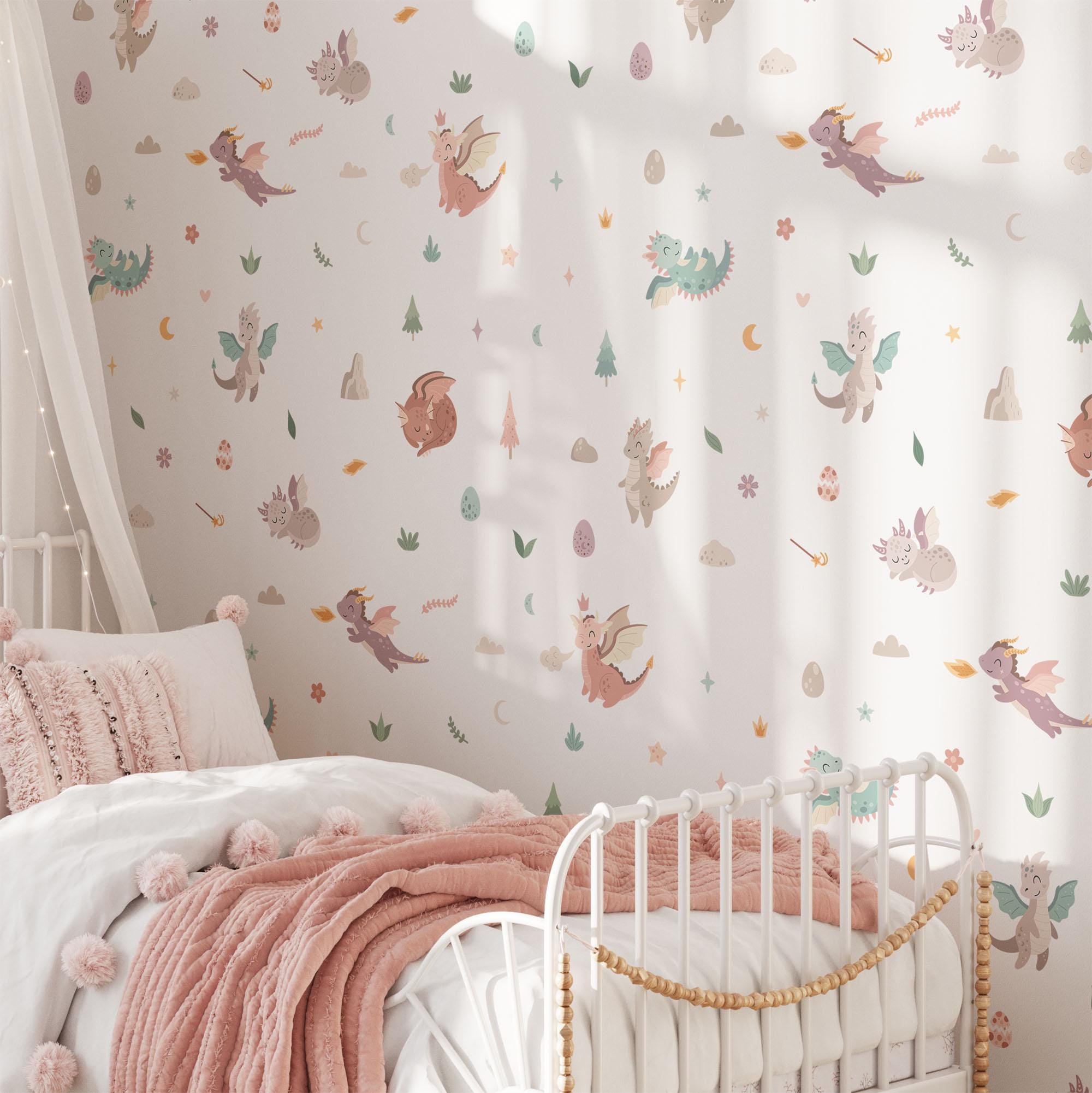 Cute Dragon Wall Decals, Fantasy Nursery Art Stickers, Nursery Decor, Removable Wall Art, Daisy Polka Dot Decals, Peel And Stick