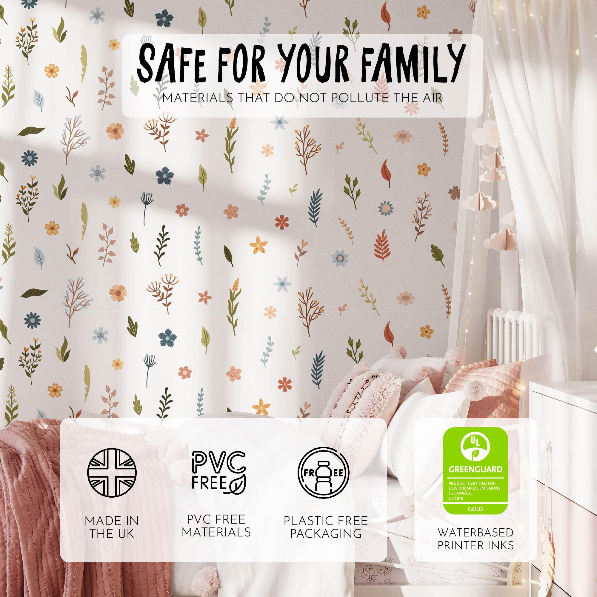 Wild Flower Nursery Wall Stickers, Kids Room Floral Wall Decal, Nursery Theme, Playroom, Bedroom Decor, Peel & Stick Nature Decals,