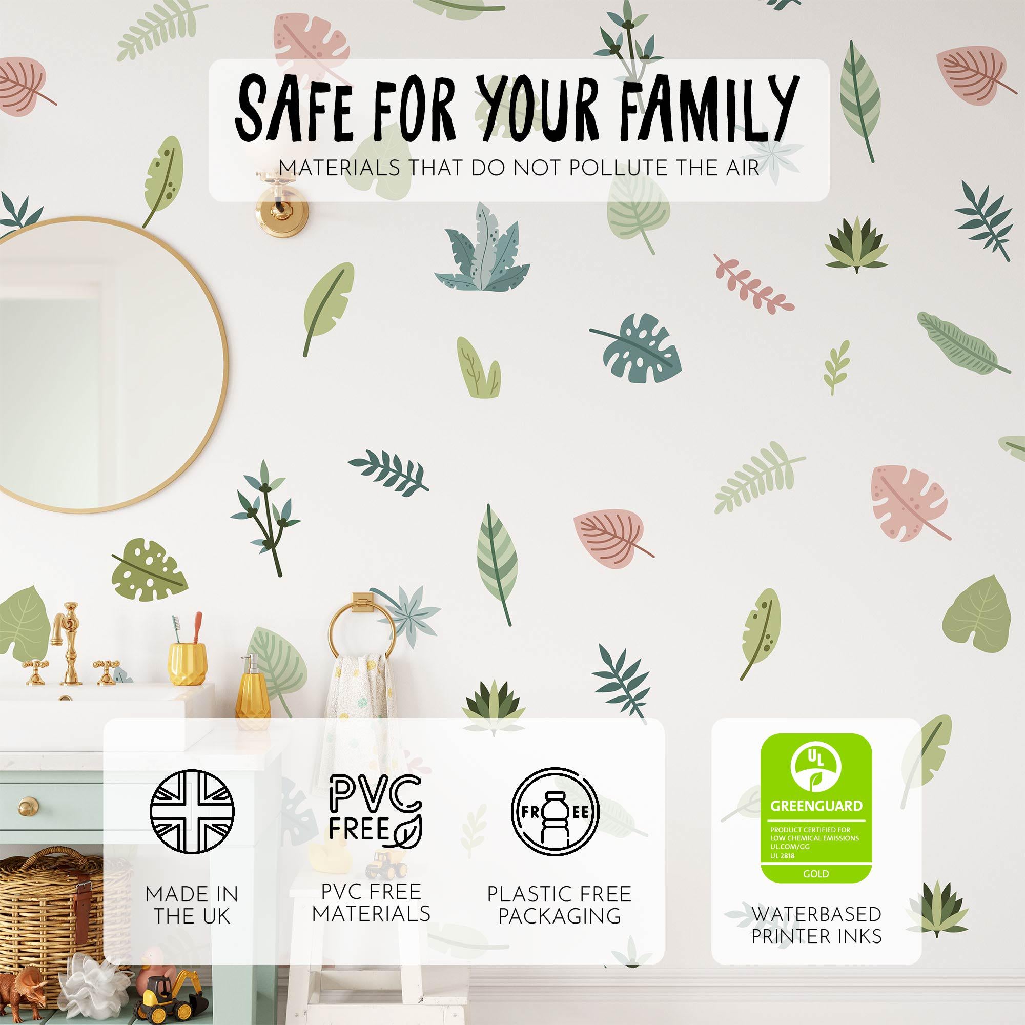 A room with a My Store white dresser and Tropical Leaves Nursery Wall Stickers on the wall. A mirror hangs above, and text at the top declares Safe for your family, highlighting eco-friendly materials and packaging.