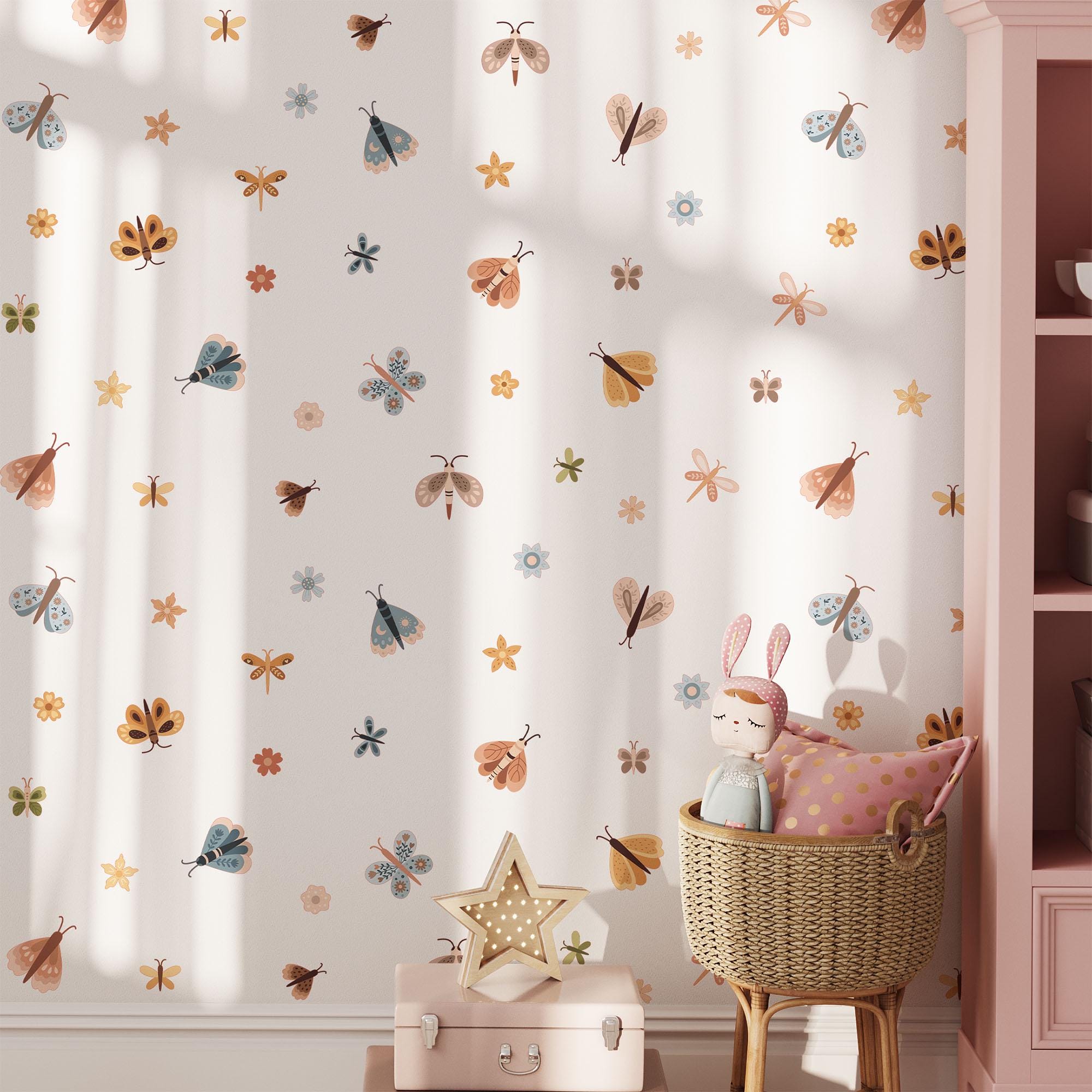 Butterfly & Flowers Wall Decals, Butterflies Nursery Art Stickers, Nursery Decor, Removable Wall Art, Daisy Polka Dot Decals, Peel And Stick