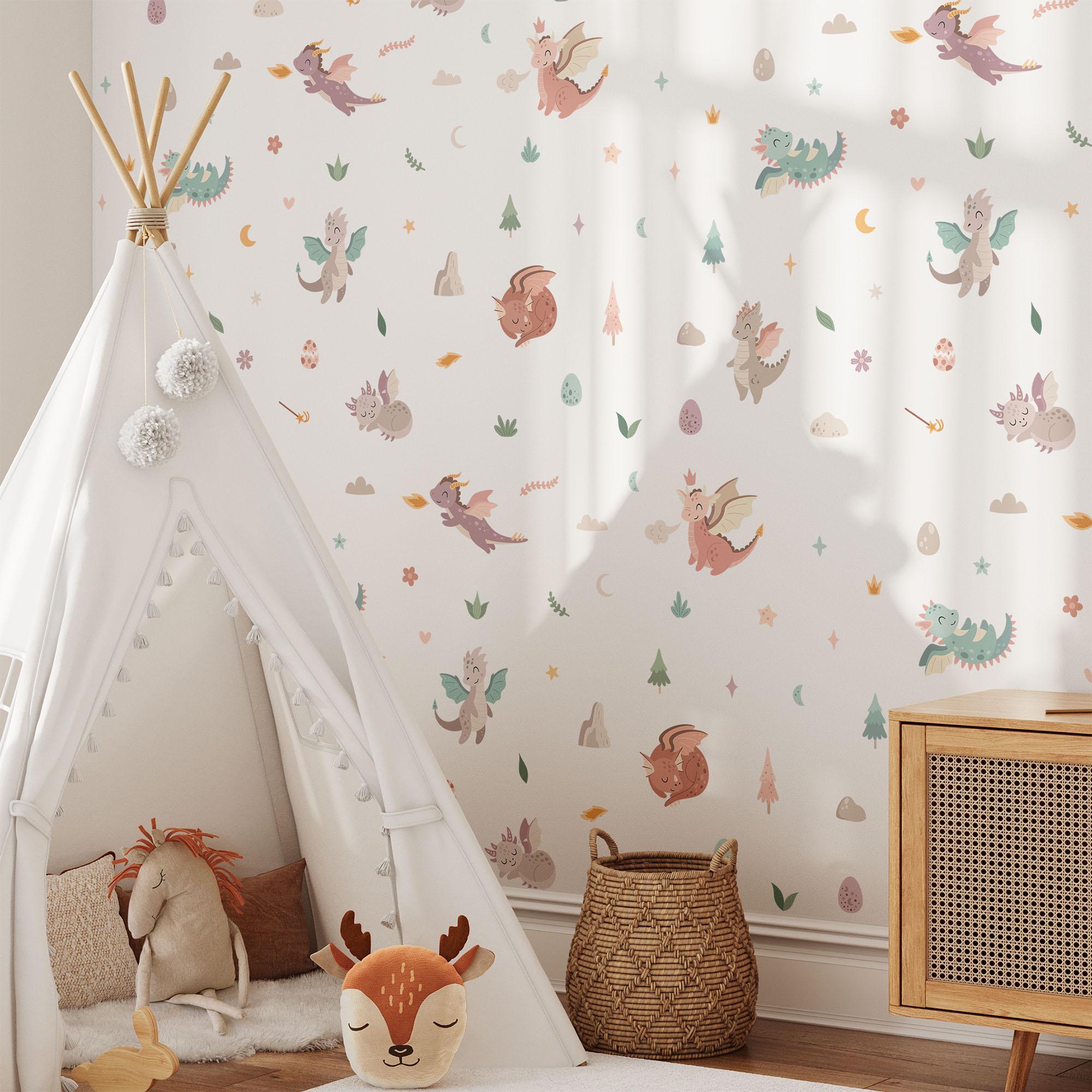 Cute Dragon Wall Decals, Fantasy Nursery Art Stickers, Nursery Decor, Removable Wall Art, Daisy Polka Dot Decals, Peel And Stick