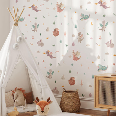 Cute Dragon Wall Decals, Fantasy Nursery Art Stickers, Nursery Decor, Removable Wall Art, Daisy Polka Dot Decals, Peel And Stick