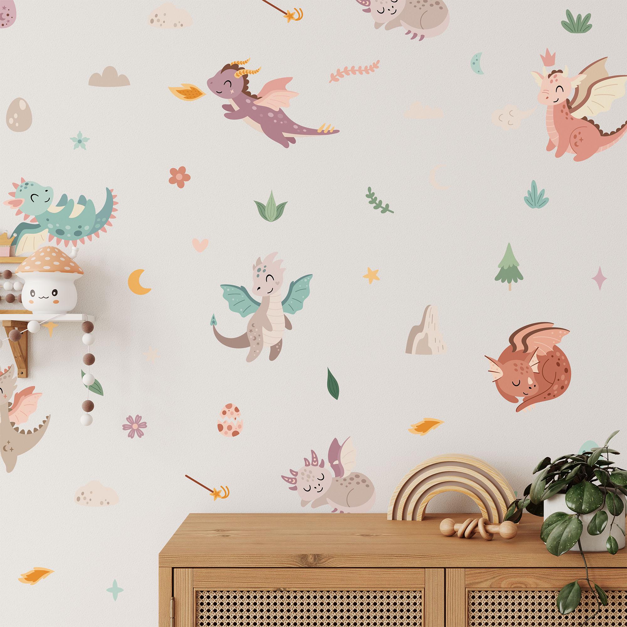 Cute Dragon Wall Decals, Fantasy Nursery Art Stickers, Nursery Decor, Removable Wall Art, Daisy Polka Dot Decals, Peel And Stick