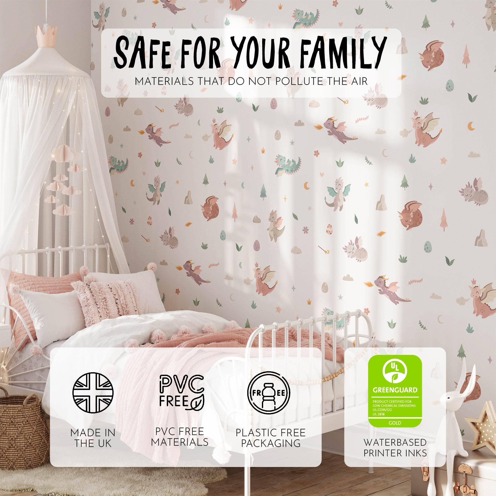 Cute Dragon Wall Decals, Fantasy Nursery Art Stickers, Nursery Decor, Removable Wall Art, Daisy Polka Dot Decals, Peel And Stick