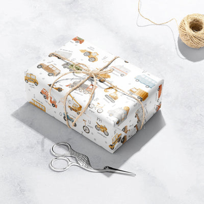 Transport Gift Wrap, Eco Friendly Kids Gift Wrapping Paper, 100% Recyclable, Luxury Sustainable Kraft Birthday.