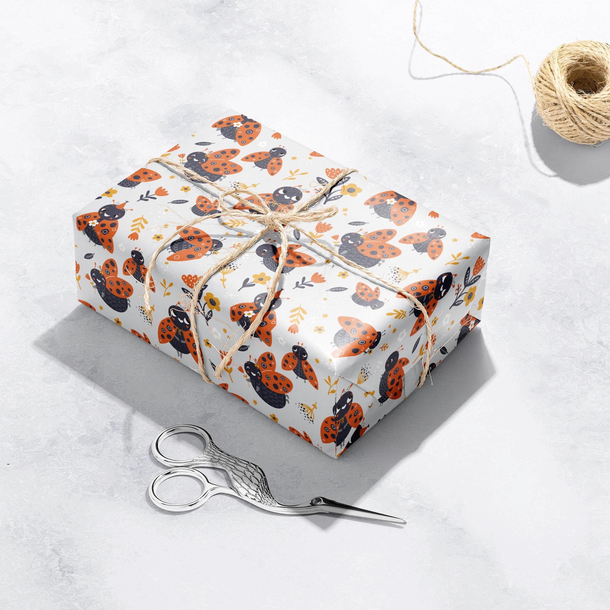 Ladybirds Gift Wrap, Eco Friendly Bugs Kids Gift Wrapping Paper, 100% Recyclable, Luxury Sustainable Kraft Birthday.