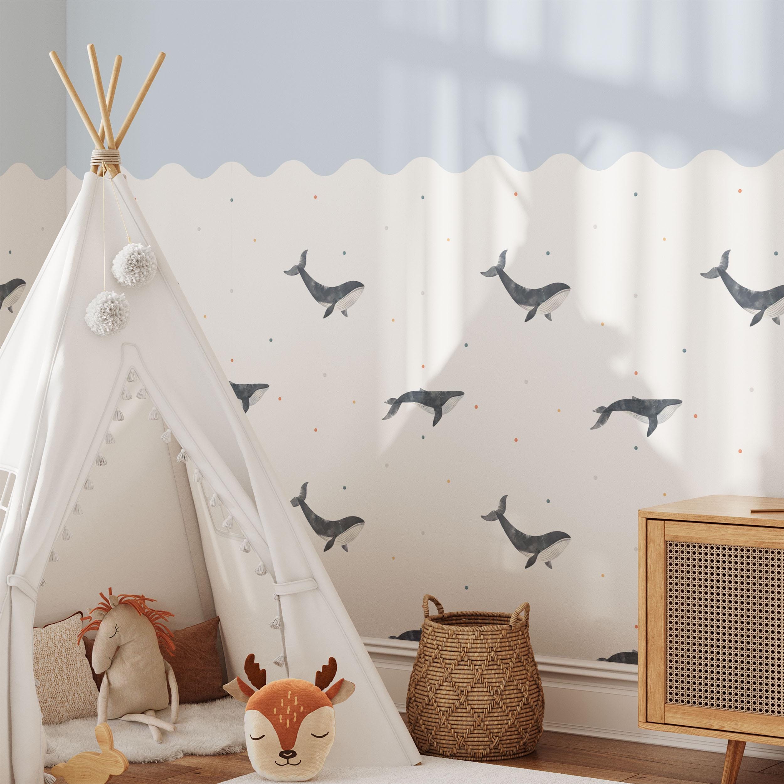 Whales Wall Panel, Half Wall Nursery Stickers, Sea Animals Nursery Decor, Removable Art, Polka Dot Decals, Peel & Stick