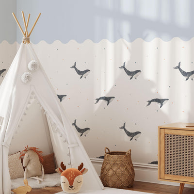 Whales Wall Panel, Half Wall Nursery Stickers, Sea Animals Nursery Decor, Removable Art, Polka Dot Decals, Peel & Stick
