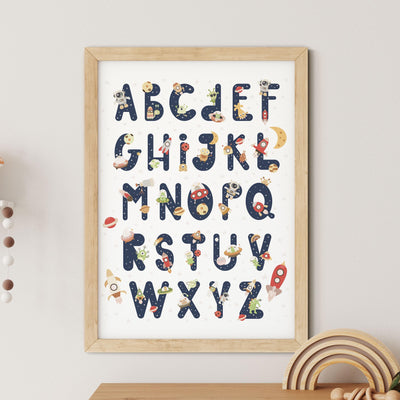 Space Alphabet Nursery Print, Astronaut Wall A-Z Planets Kids Room Wall Art, Poster Framed Art.