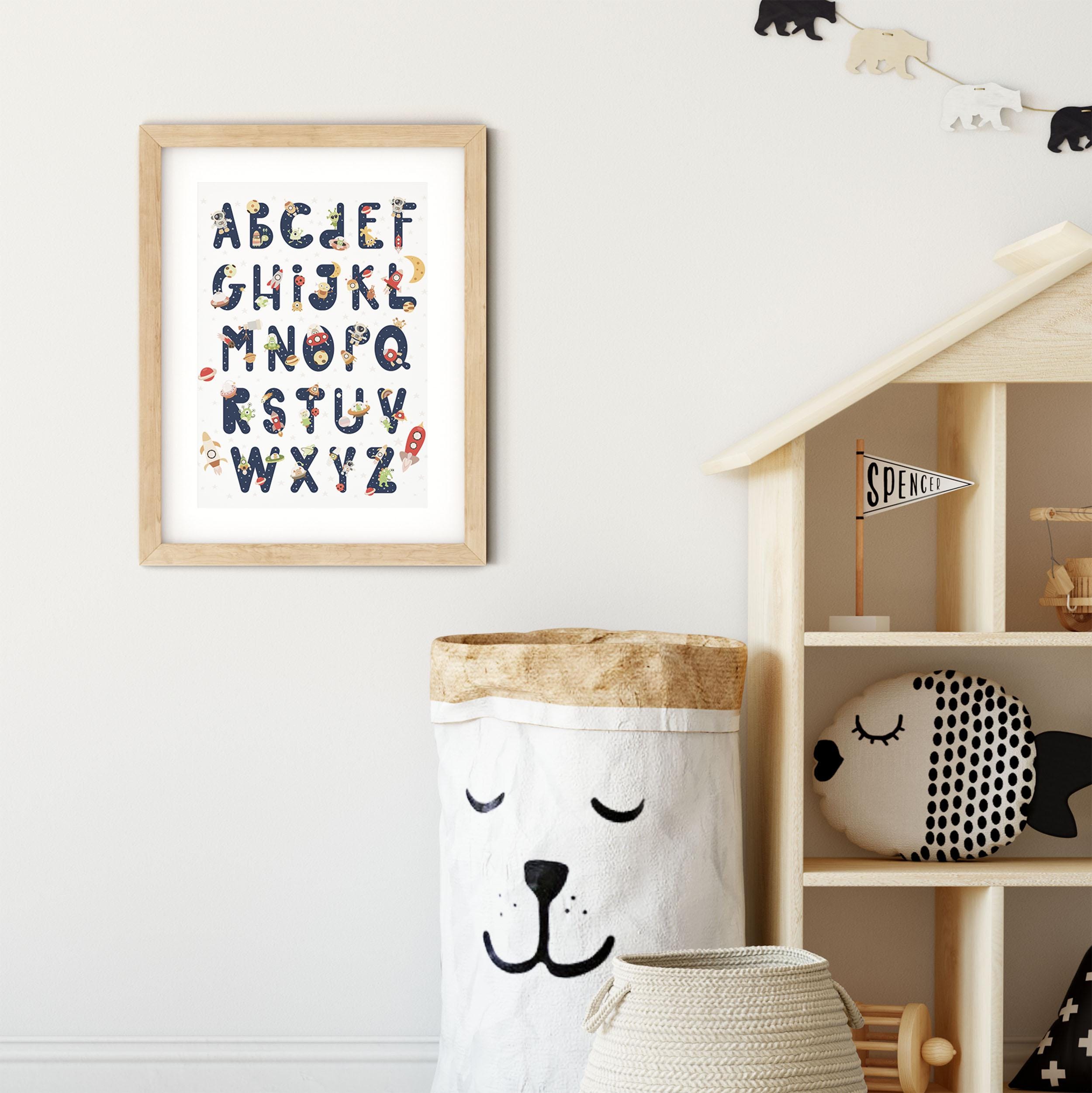 Space Alphabet Nursery Print, Astronaut Wall A-Z Planets Kids Room Wall Art, Poster Framed Art.