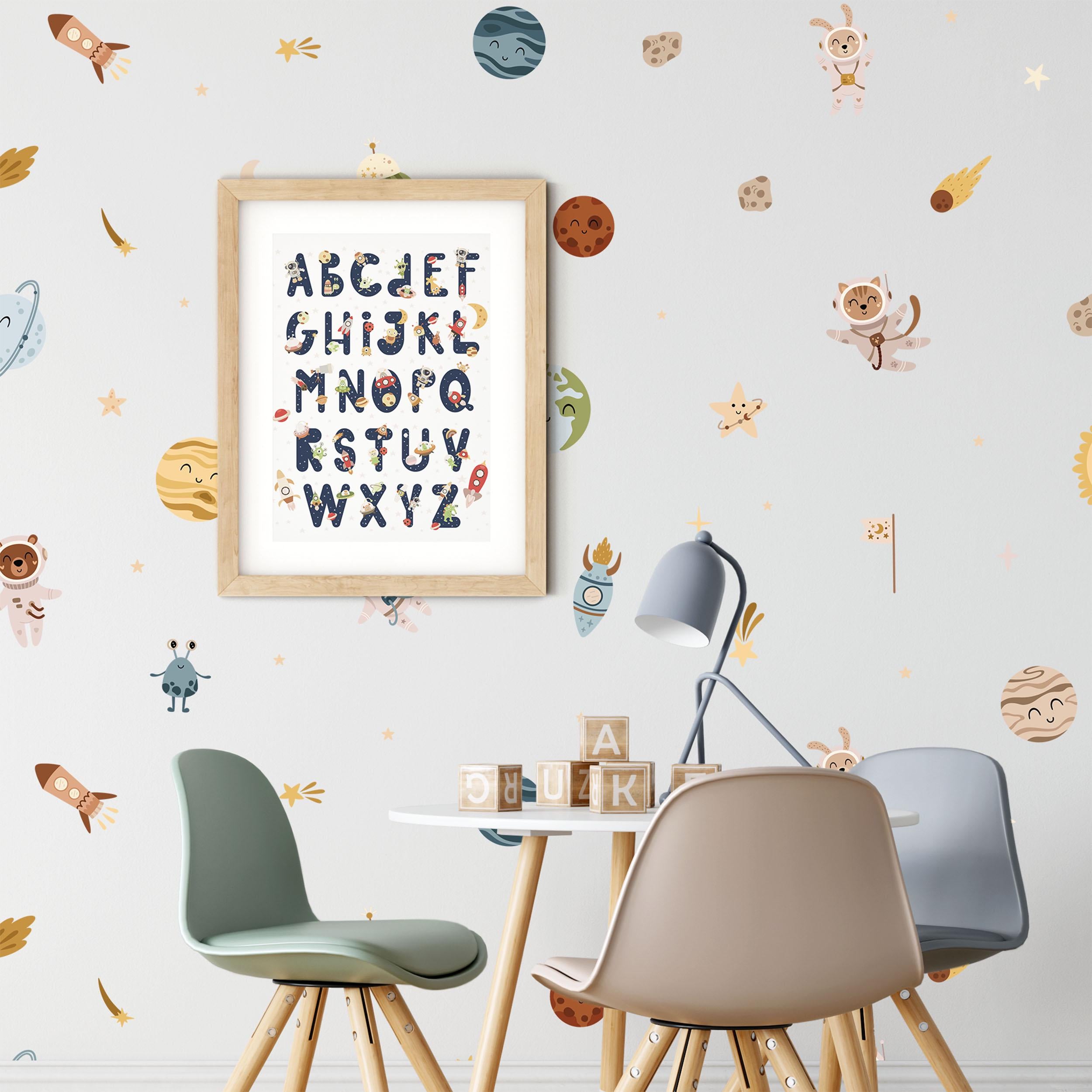 Space Alphabet Nursery Print, Astronaut Wall A-Z Planets Kids Room Wall Art, Poster Framed Art.