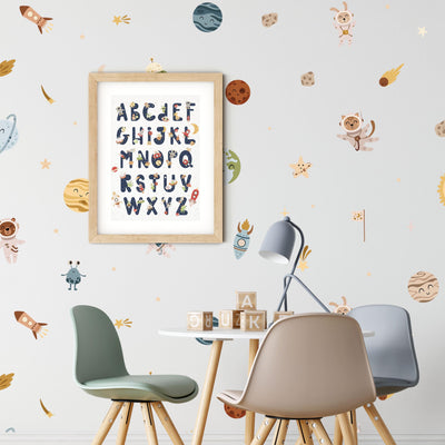 Space Alphabet Nursery Print, Astronaut Wall A-Z Planets Kids Room Wall Art, Poster Framed Art.