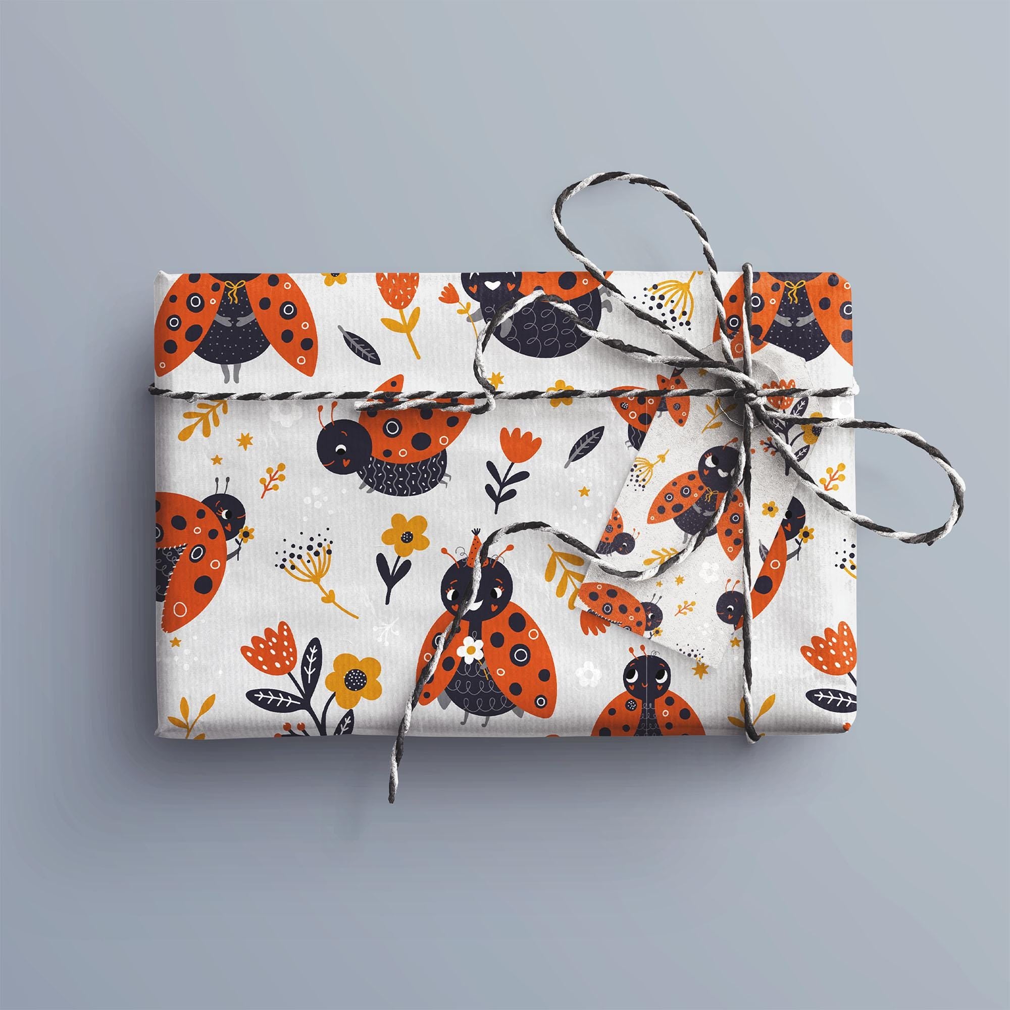 Ladybirds Gift Wrap, Eco Friendly Bugs Kids Gift Wrapping Paper, 100% Recyclable, Luxury Sustainable Kraft Birthday.