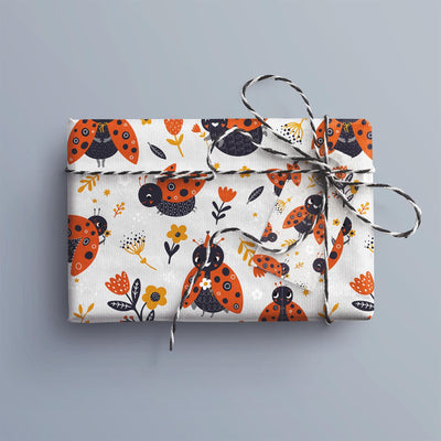 Ladybirds Gift Wrap, Eco Friendly Bugs Kids Gift Wrapping Paper, 100% Recyclable, Luxury Sustainable Kraft Birthday.