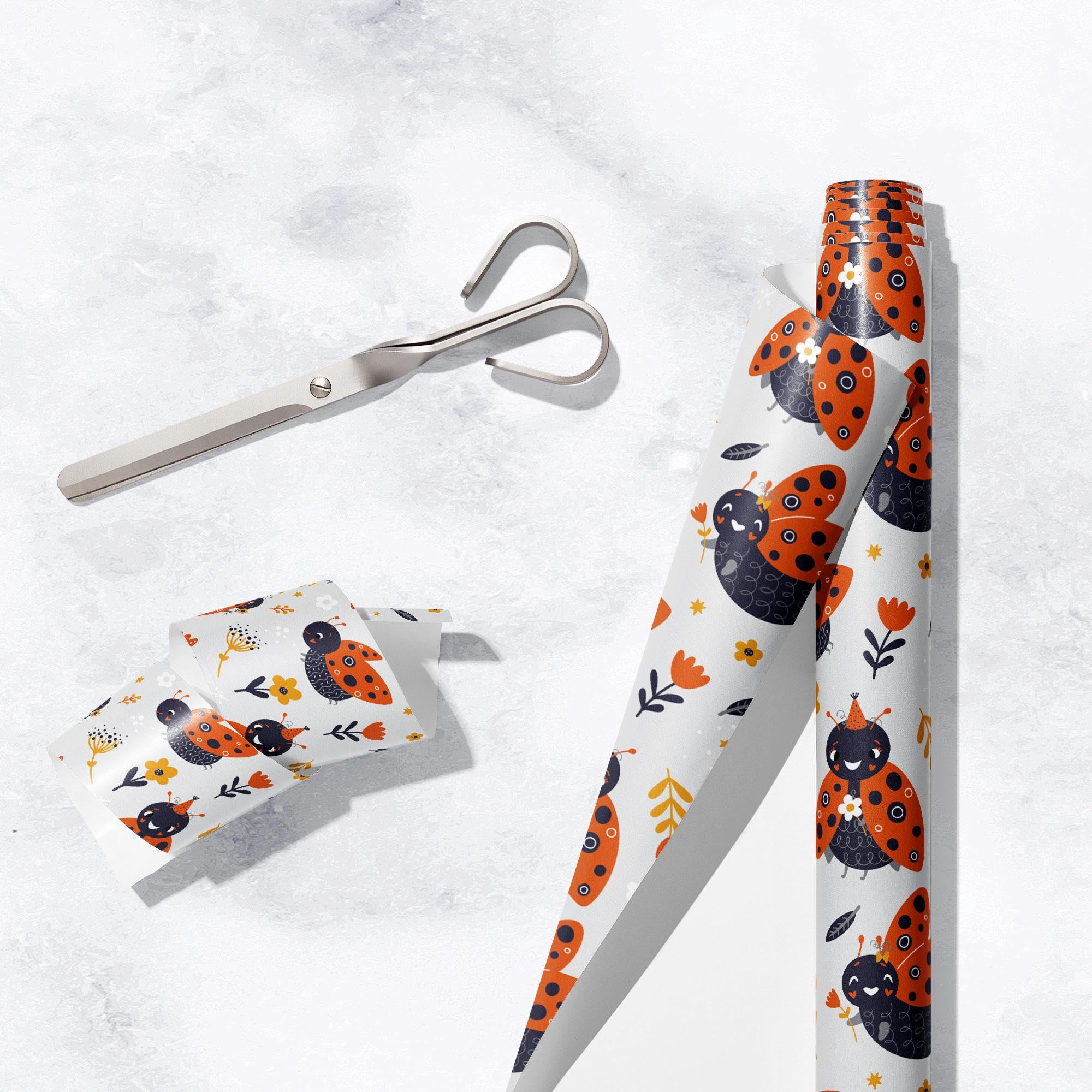 Ladybirds Gift Wrap, Eco Friendly Bugs Kids Gift Wrapping Paper, 100% Recyclable, Luxury Sustainable Kraft Birthday.