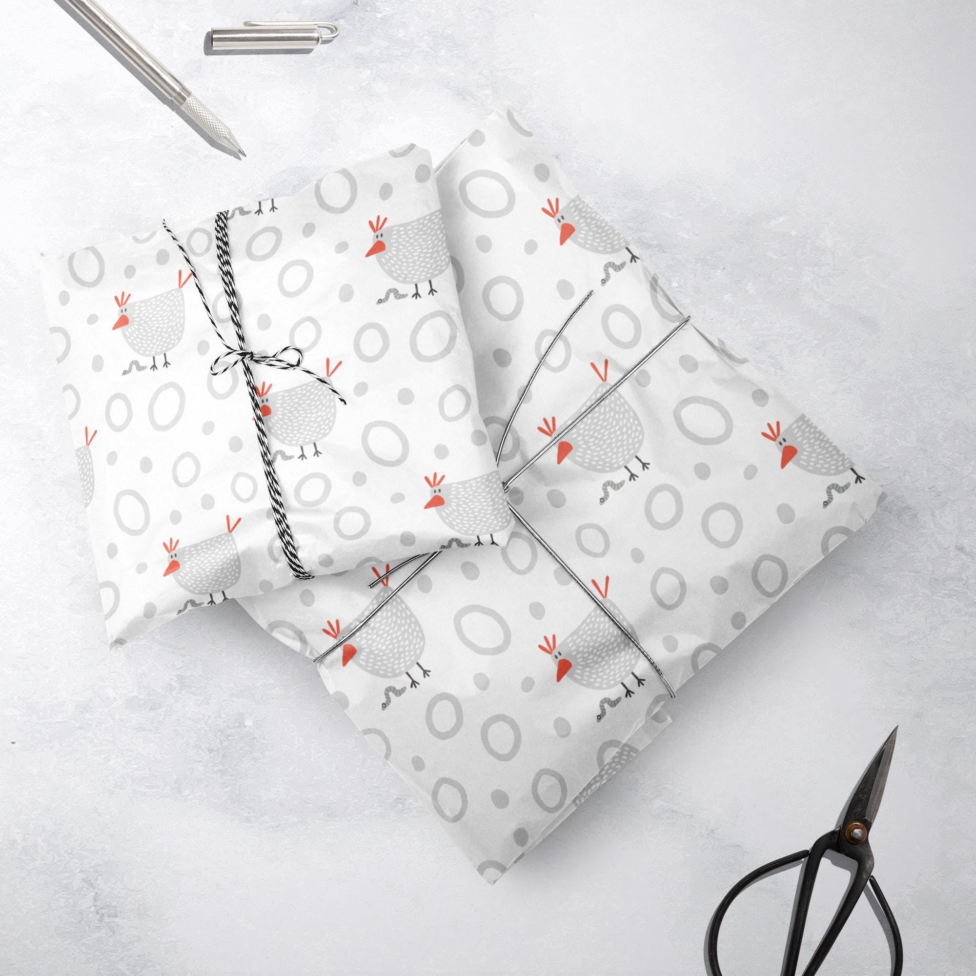 Chicken & Worm Gift Wrap, Eco-Friendly Farm Kids Gift Wrapping Paper, 100% Recyclable, Luxury Sustainable Kraft Birthday, Funny.