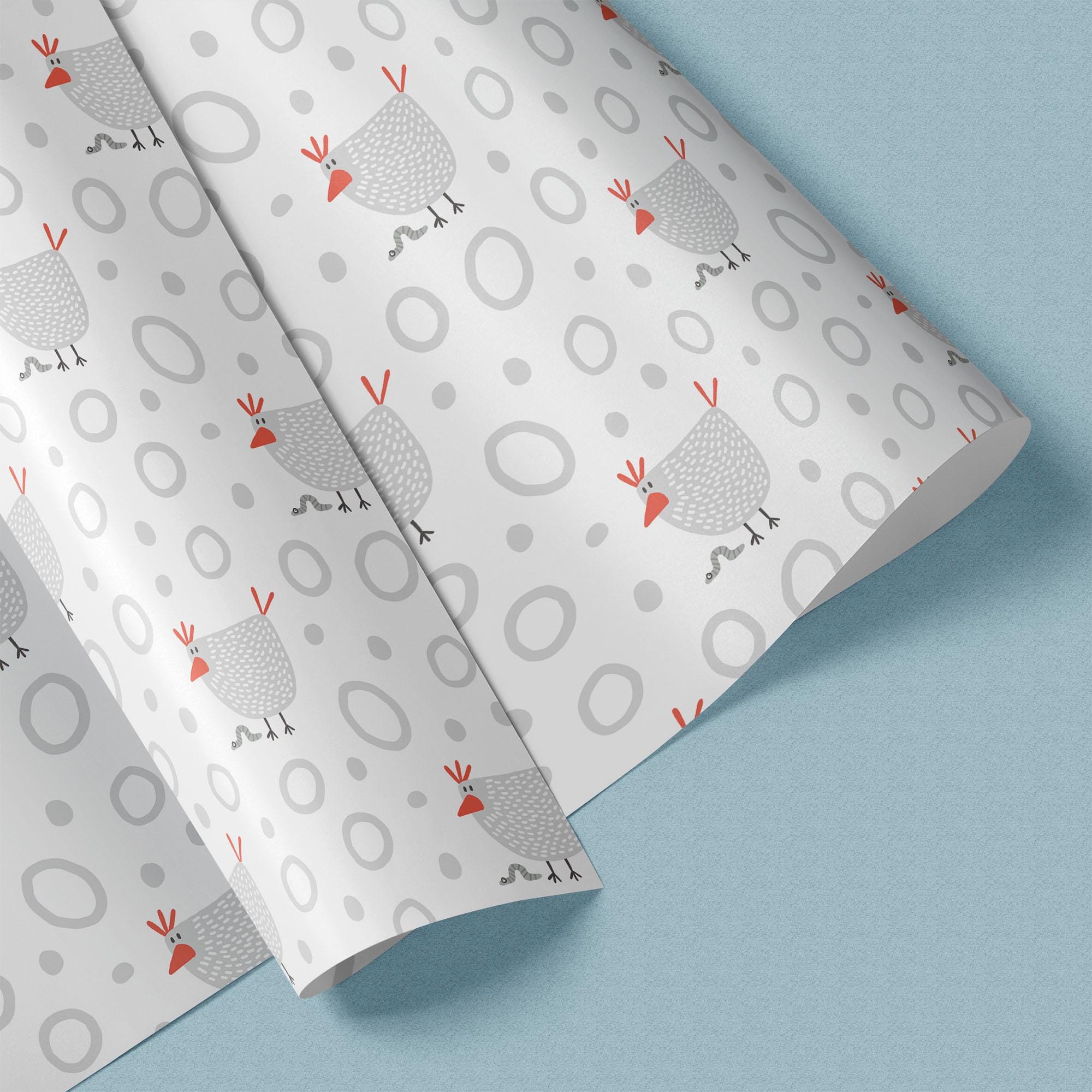 Chicken & Worm Gift Wrap, Eco-Friendly Farm Kids Gift Wrapping Paper, 100% Recyclable, Luxury Sustainable Kraft Birthday, Funny.