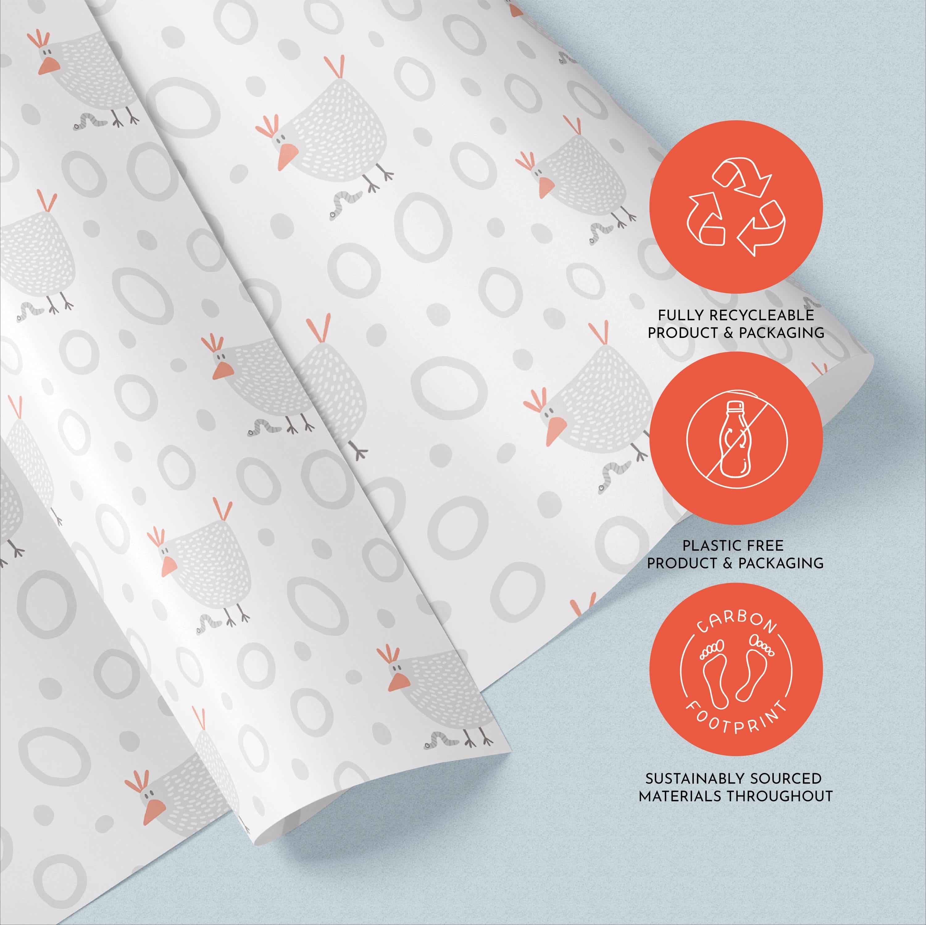 Chicken & Worm Gift Wrap, Eco-Friendly Farm Kids Gift Wrapping Paper, 100% Recyclable, Luxury Sustainable Kraft Birthday, Funny.