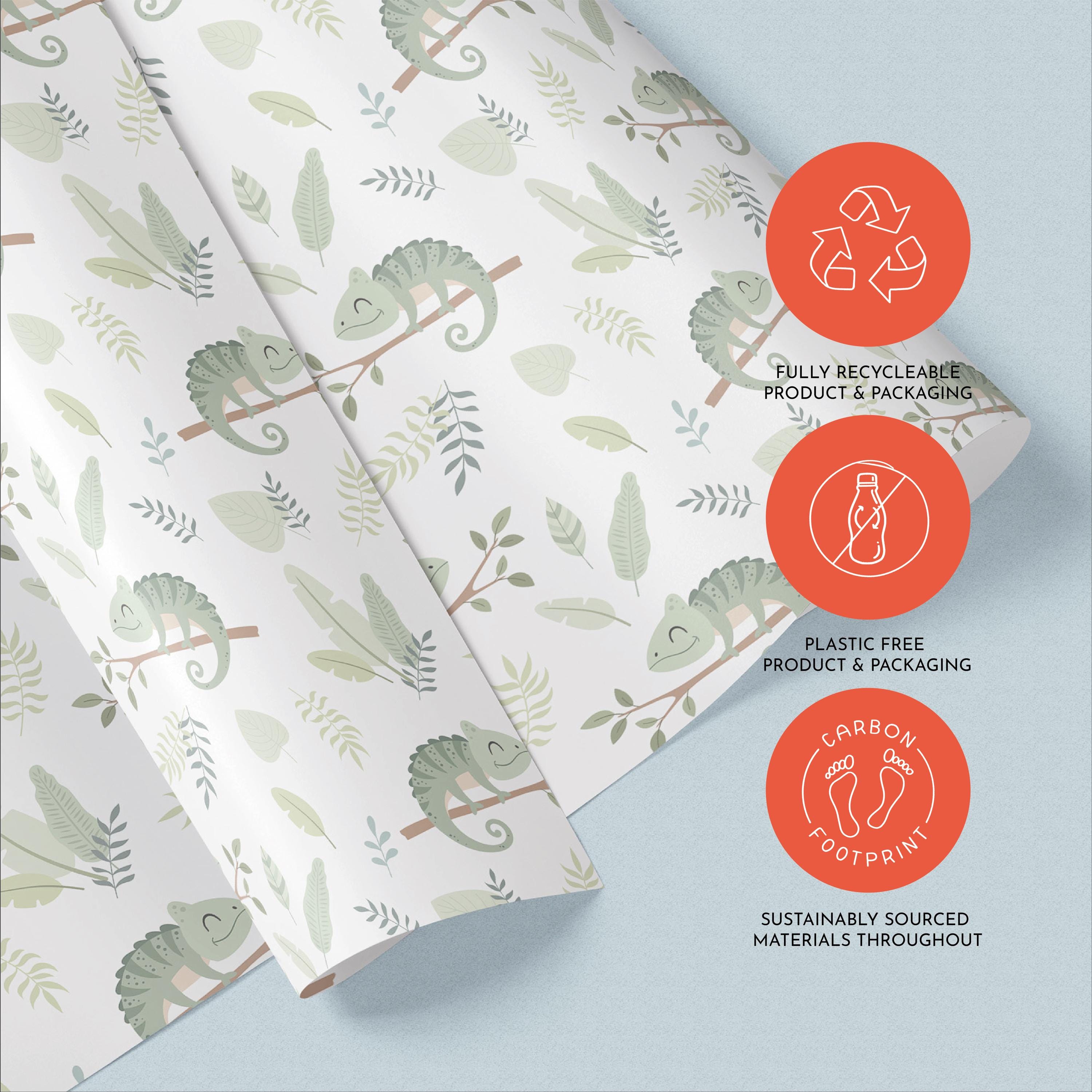 Chameleons Gift Wrap, Eco Friendly Jungle Kids Gift Wrapping Paper, 100% Recyclable, Luxury Sustainable Kraft Birthday.