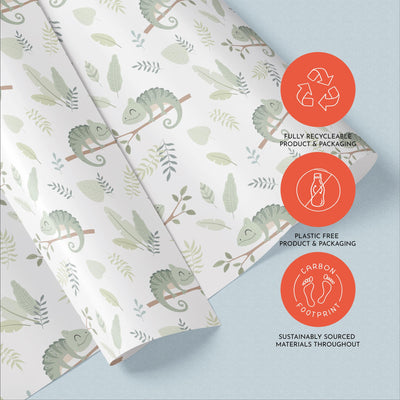 Chameleons Gift Wrap, Eco Friendly Jungle Kids Gift Wrapping Paper, 100% Recyclable, Luxury Sustainable Kraft Birthday.