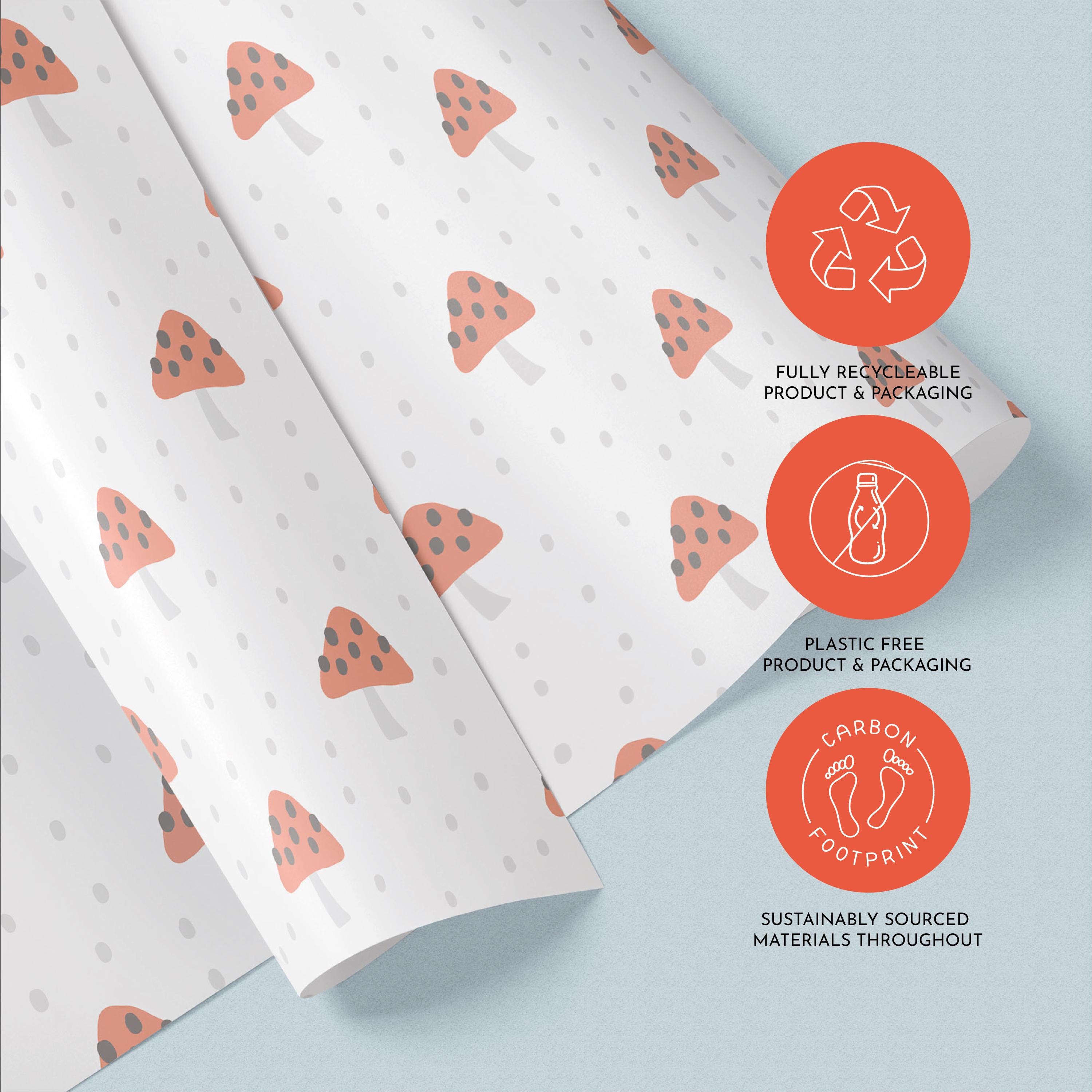 Red Toadstools Gift Wrap, Eco-Friendly Woodland Kids Gift Wrapping Paper, 100% Recyclable, Luxury Sustainable Kraft Birthday.