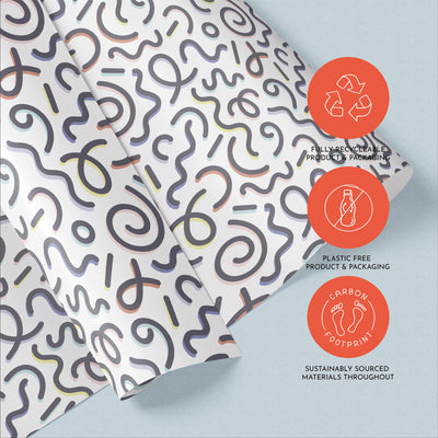 Squiggles Gift Wrap, Eco-Friendly Pattern Kids Gift Wrapping Paper, 100% Recyclable, Luxury Sustainable Kraft Birthday.