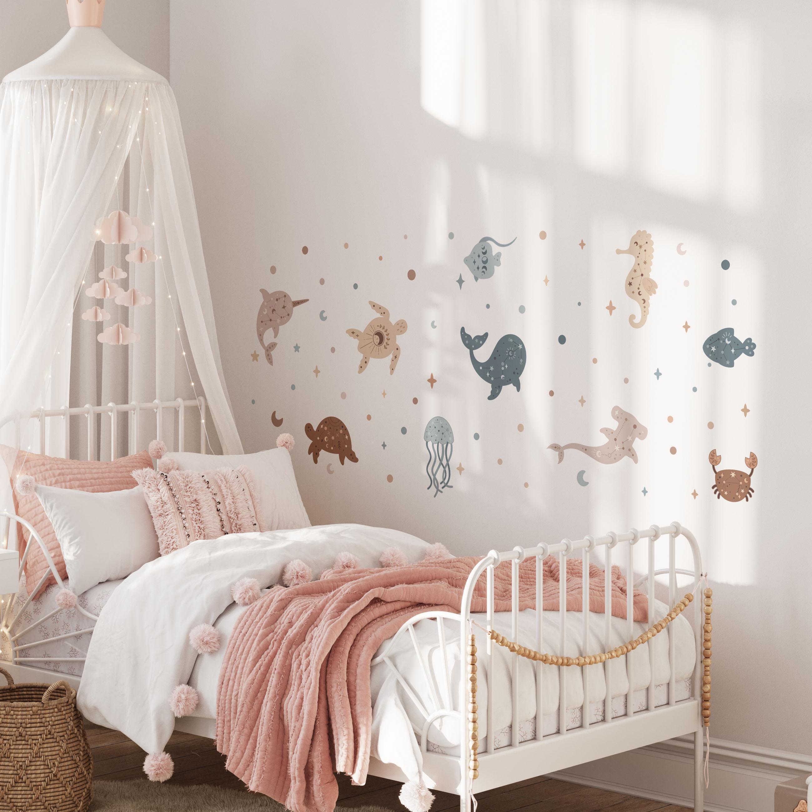 Celestial Ocean Wall Decals, Sea Animals Kids Room Wall Stickers, Sea Nursery Theme, Playroom, Bedroom Decor, Peel & Stick Sea Life Decals