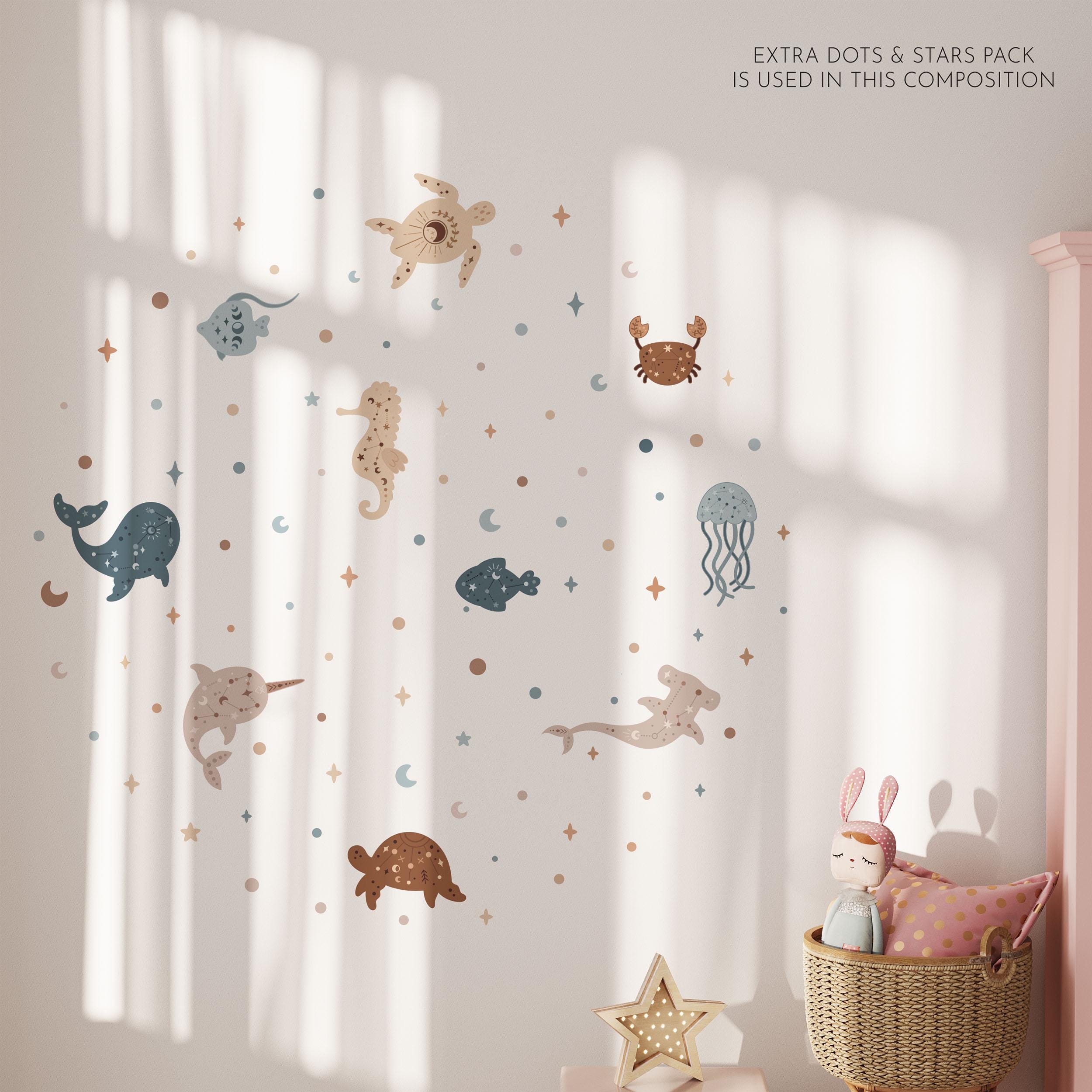 Celestial Ocean Wall Decals, Sea Animals Kids Room Wall Stickers, Sea Nursery Theme, Playroom, Bedroom Decor, Peel & Stick Sea Life Decals