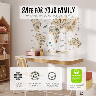 World Map Wall Decals, Animals Globe Kids Room Wall Stickers, Sea Nursery Theme, Playroom, Bedroom Decor, Peel & Stick Decals, Lion Elephant