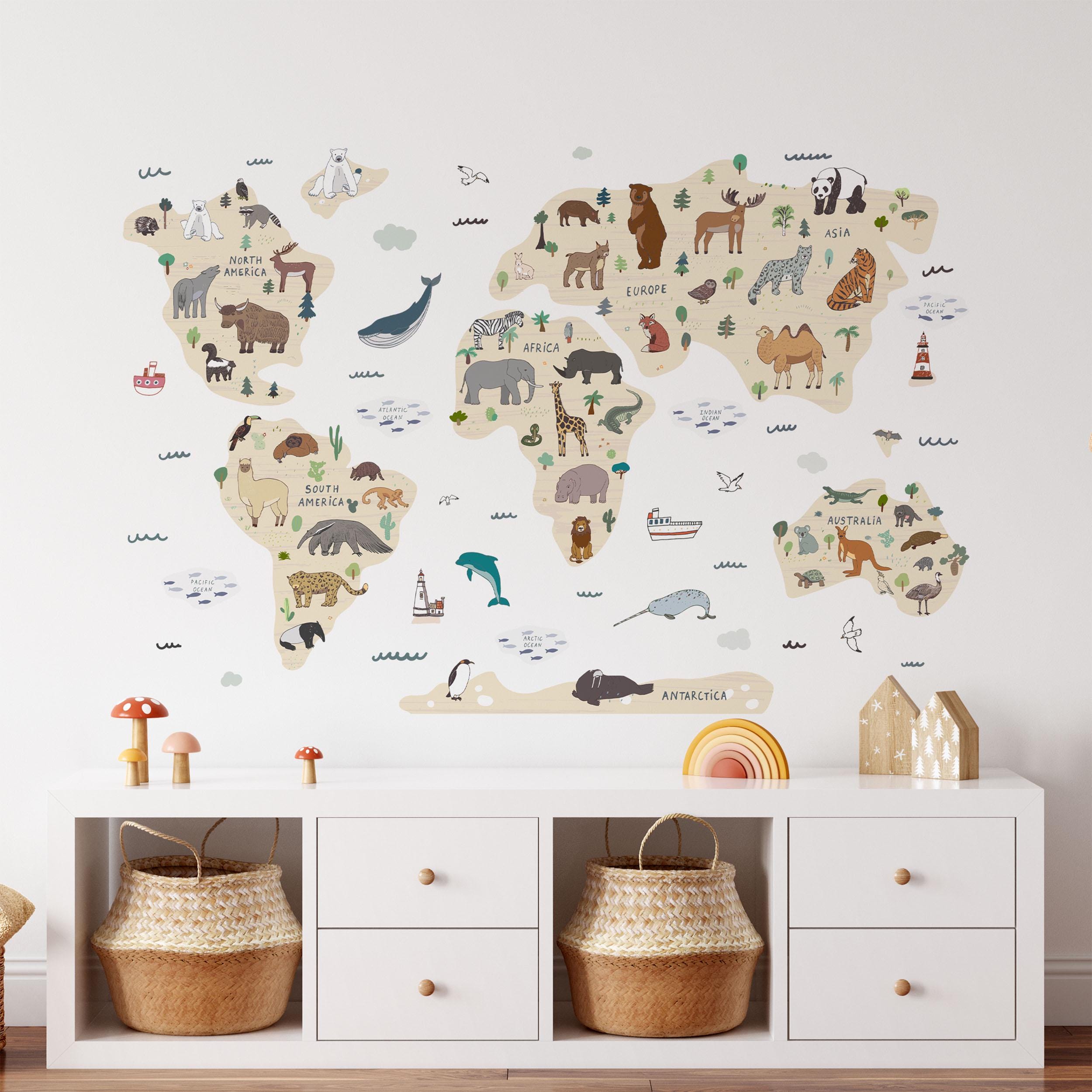 World Map Wall Decals, Animals Globe Kids Room Wall Stickers, Sea Nursery Theme, Playroom, Bedroom Decor, Peel & Stick Decals, Lion Elephant