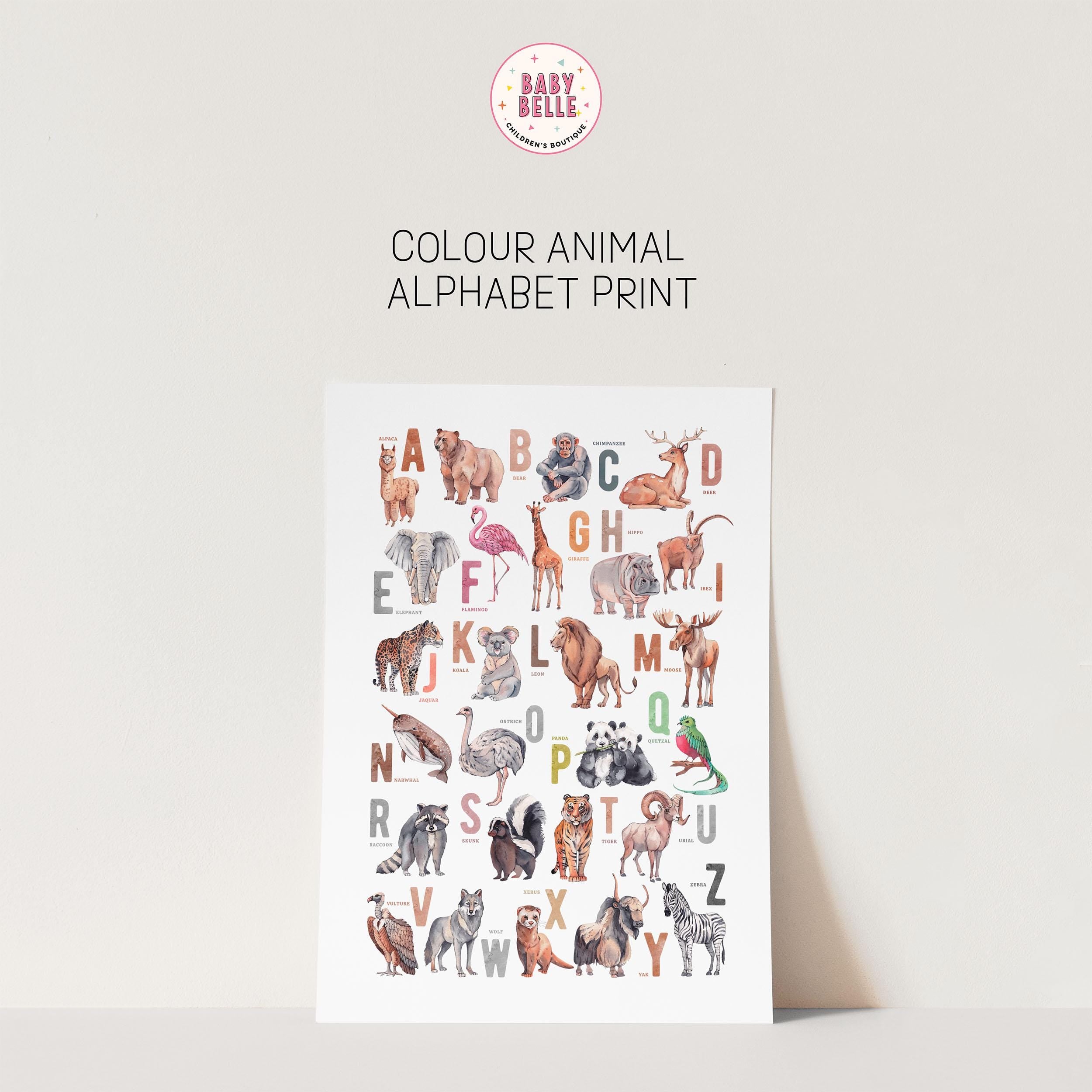 Animal Alphabet Nursery Print, Safari Wall A-Z Planets Kids Room Wall Art, Poster Framed Art.