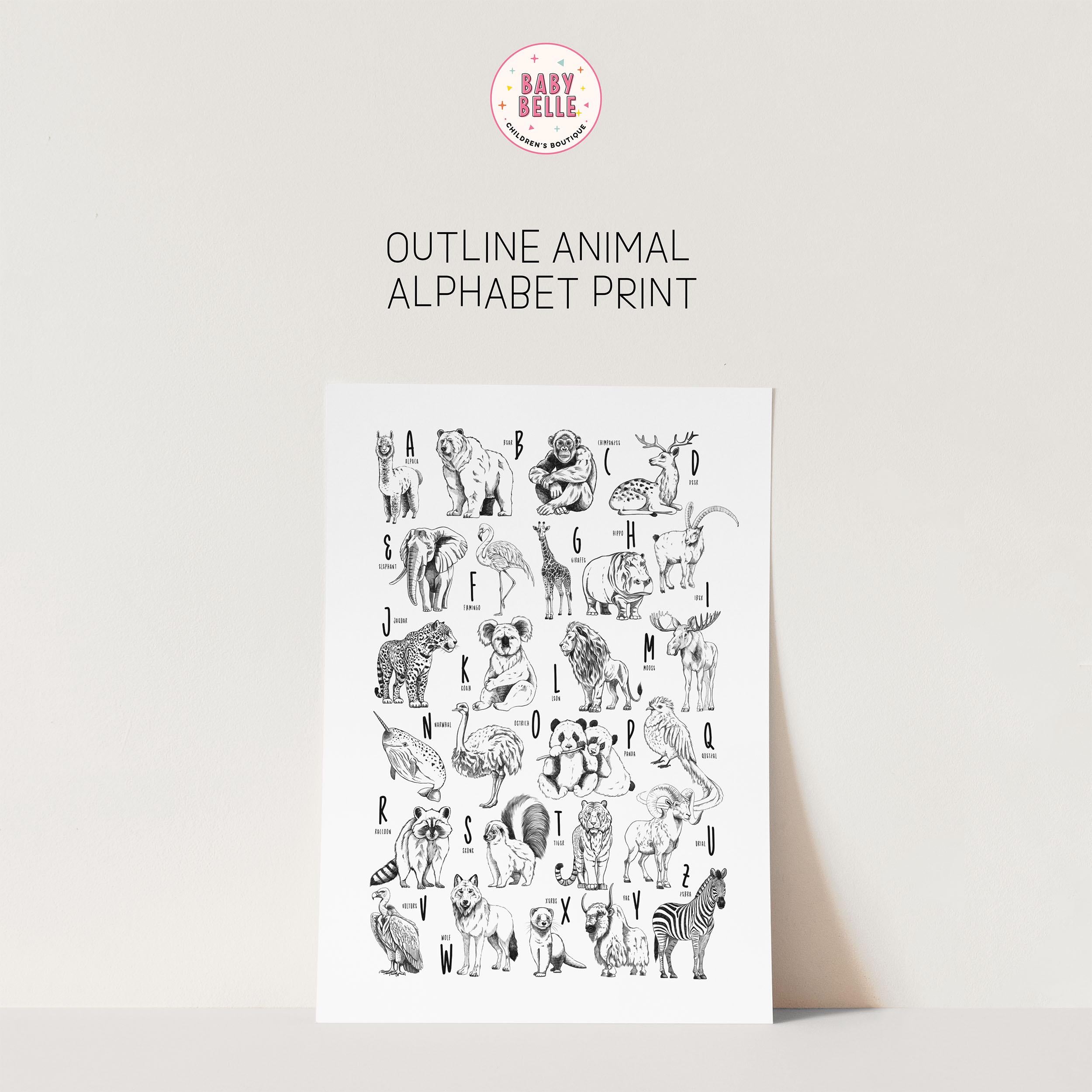 Animal Alphabet Nursery Print, Safari Wall A-Z Planets Kids Room Wall Art, Poster Framed Art.