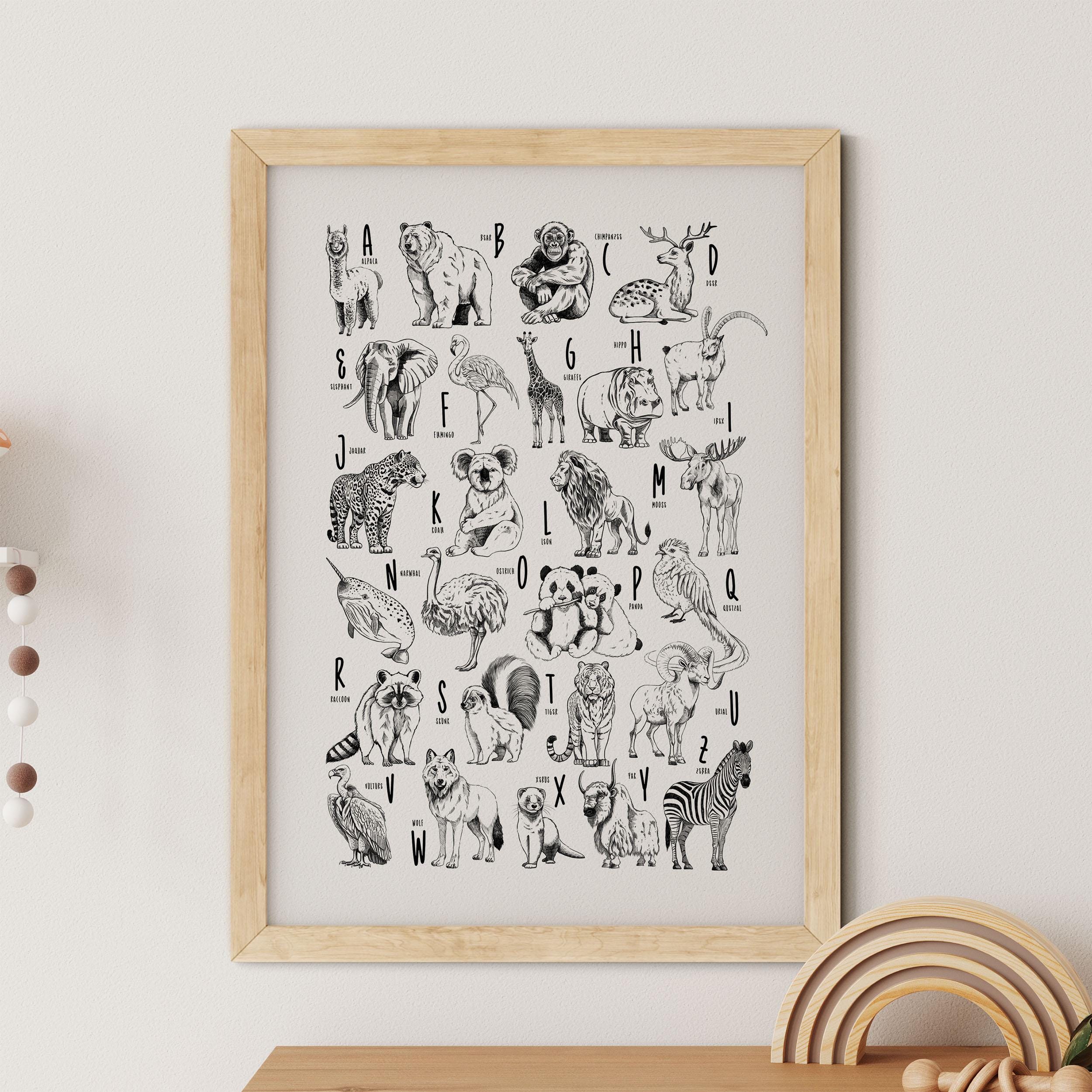 Animal Alphabet Nursery Print, Safari Wall A-Z Planets Kids Room Wall Art, Poster Framed Art.