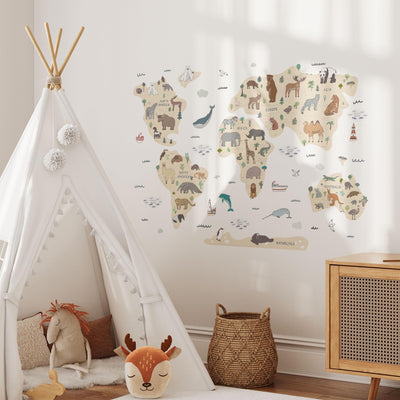 World Map Wall Decals, Animals Globe Kids Room Wall Stickers, Sea Nursery Theme, Playroom, Bedroom Decor, Peel & Stick Decals, Lion Elephant