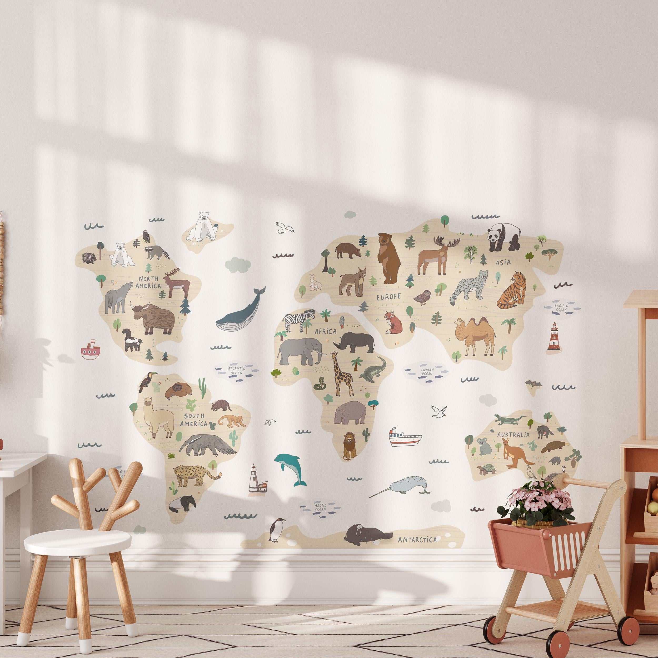 World Map Wall Decals, Animals Globe Kids Room Wall Stickers, Sea Nursery Theme, Playroom, Bedroom Decor, Peel & Stick Decals, Lion Elephant