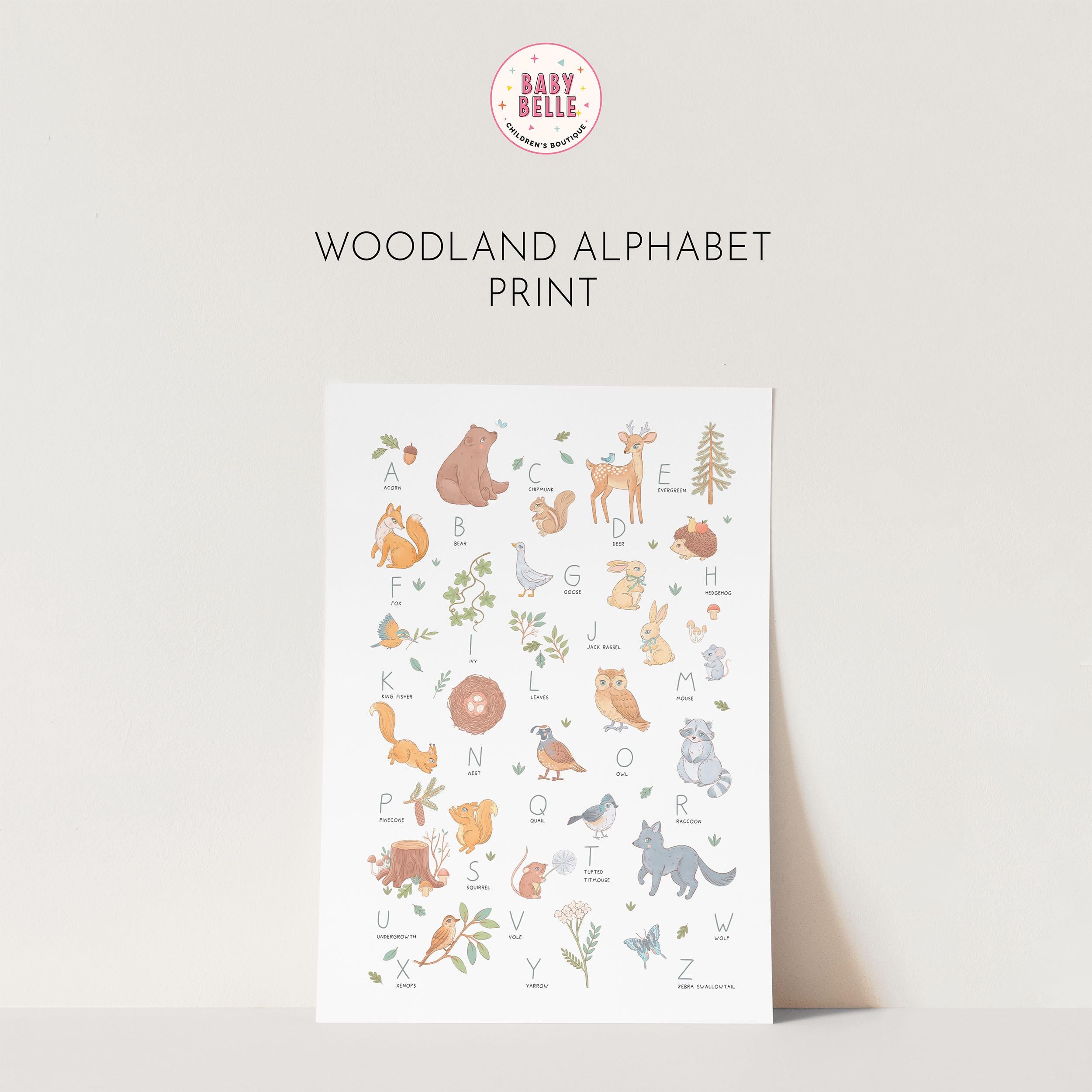 Woodland Watercolour Alphabet Nursery Print: A-Z Bears, Deer & Wildlife Wall Art