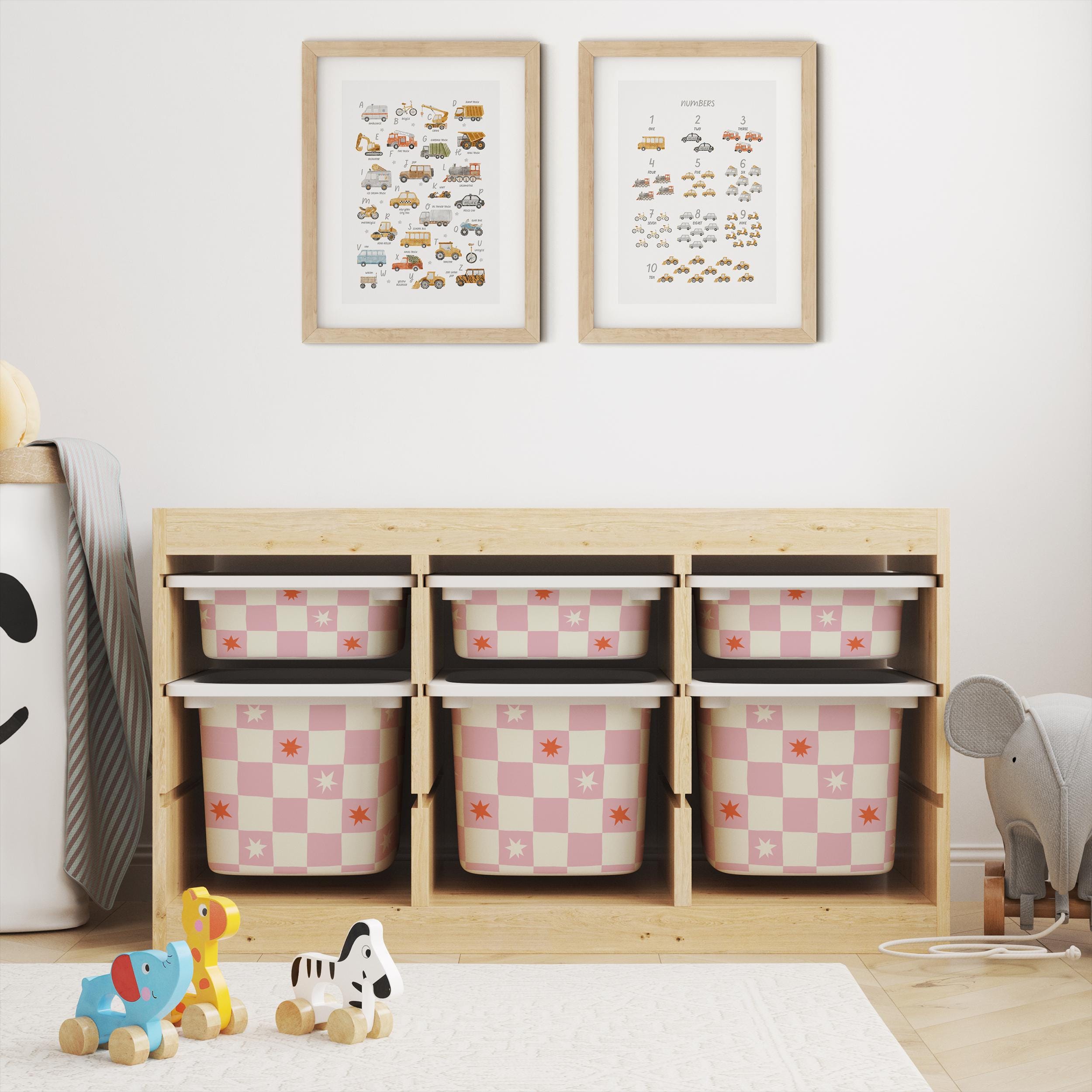 IKEA Trofast Box Pink Check & Stars Stickers Removable Playroom Organisation Labels Scandi Kids Decor