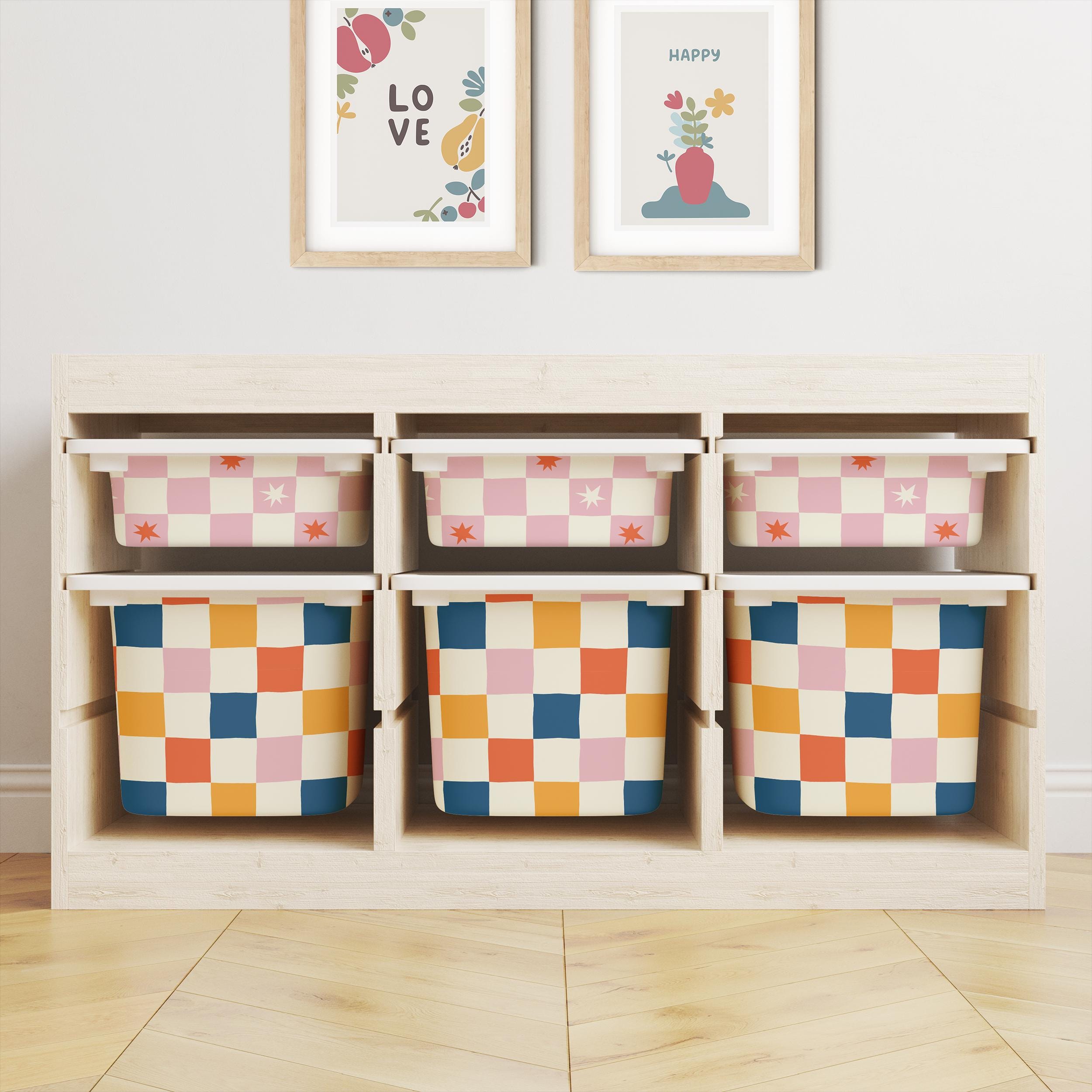 IKEA Trofast Box Pink Check & Stars Stickers Removable Playroom Organisation Labels Scandi Kids Decor