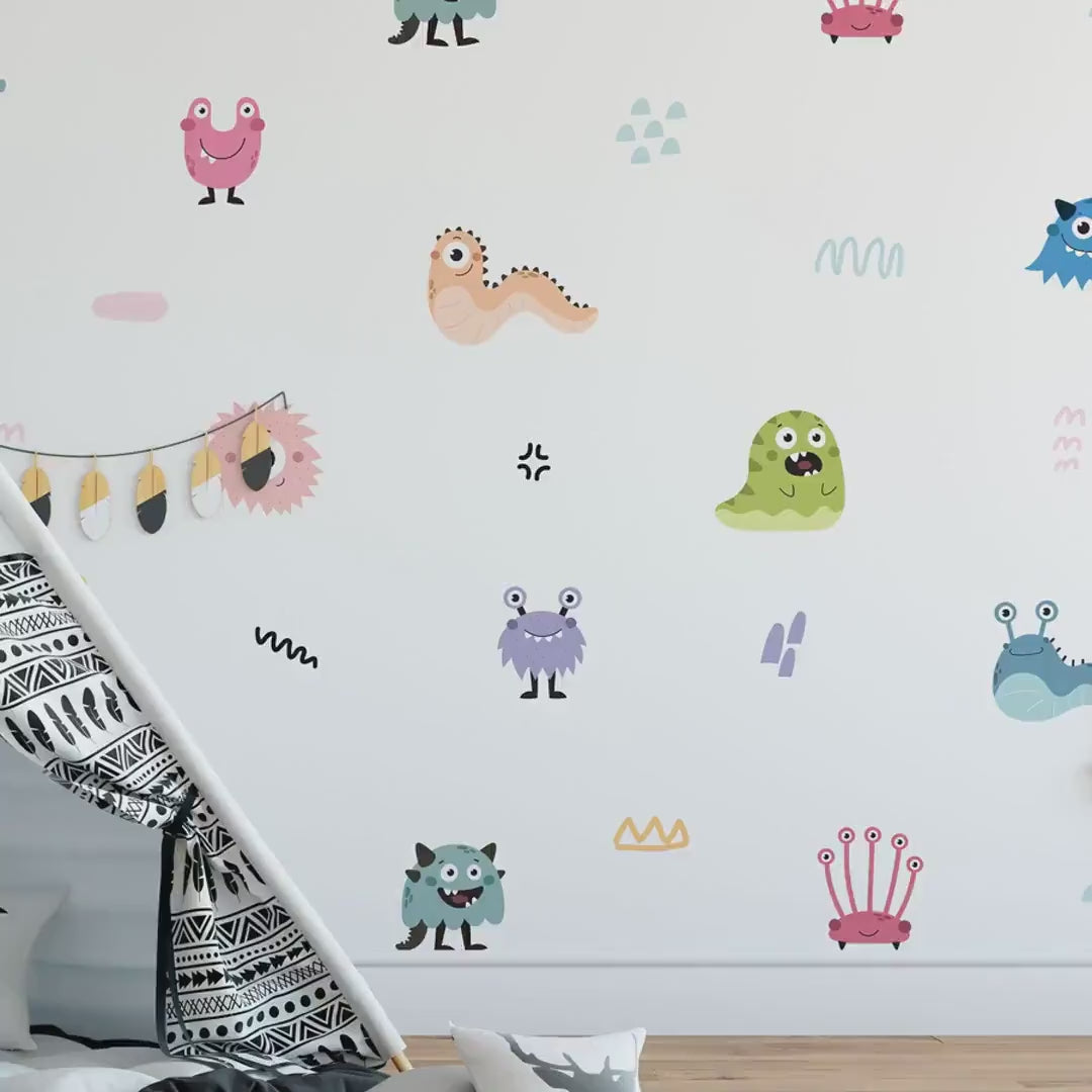 Load video: Cute Monsters Wall Decals, Kids Room Monster Wall Stickers, Nursery Theme, Playroom, Bedroom Decor, Peel &amp; Stick Animal Decals,