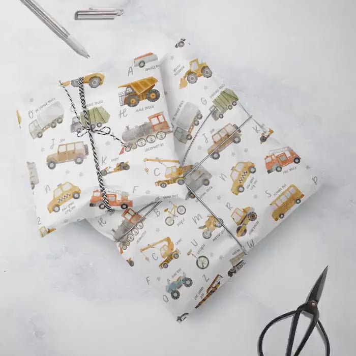 Load video: Transport Gift Wrap, Eco Friendly Kids Gift Wrapping Paper, 100% Recyclable, Luxury Sustainable Kraft Birthday.