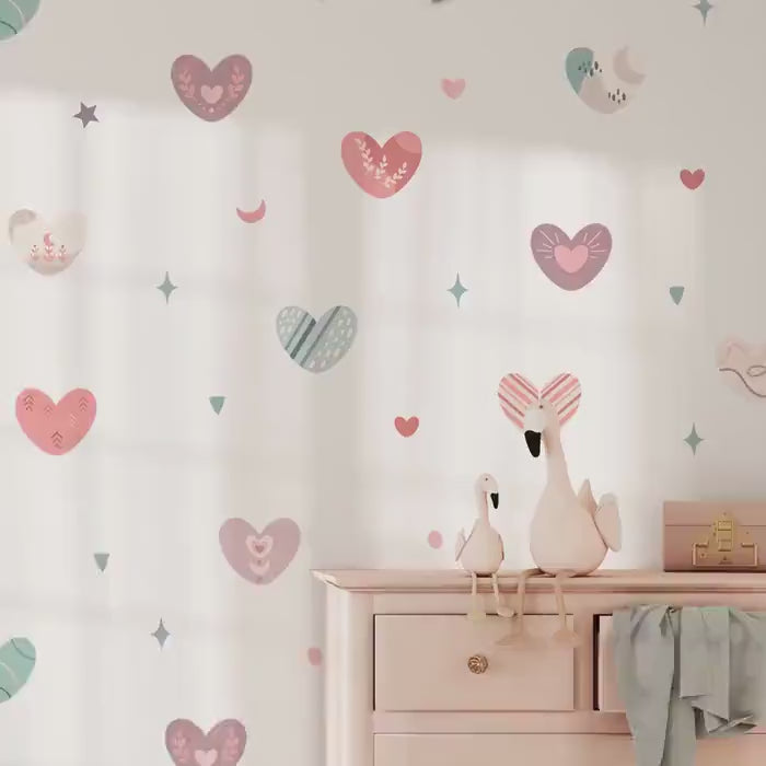Load video: Boho Hearts Wall Decals, Nursery Decor, Removable Wall Stickers, Polka Dot Decals, Peel and Stick, Lion, Valentines Day