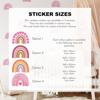The Sticker Sizes poster features My Stores Rainbow Wall Stickers in four vibrant styles, available in sizes from 200x153mm to 560x430mm. Perfect for childrens rooms with rainbow decals, these removable stickers bring a playful vibe to any space.