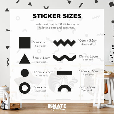 A chart displays My Stores Retro Doodle Stickers in square, circle, and lightning bolt shapes with sizes ranging from 3.5cm to 10cm per pack. The background shows a childrens room decorated with these playful decals.
