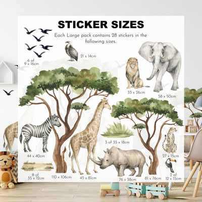 My Store’s Safari Animals Nursery Stickers include watercolor decals of elephants (58x50cm), giraffes, zebras, lions, birds (6x9cm), and trees. These removable decals add colorful decor to any room.
