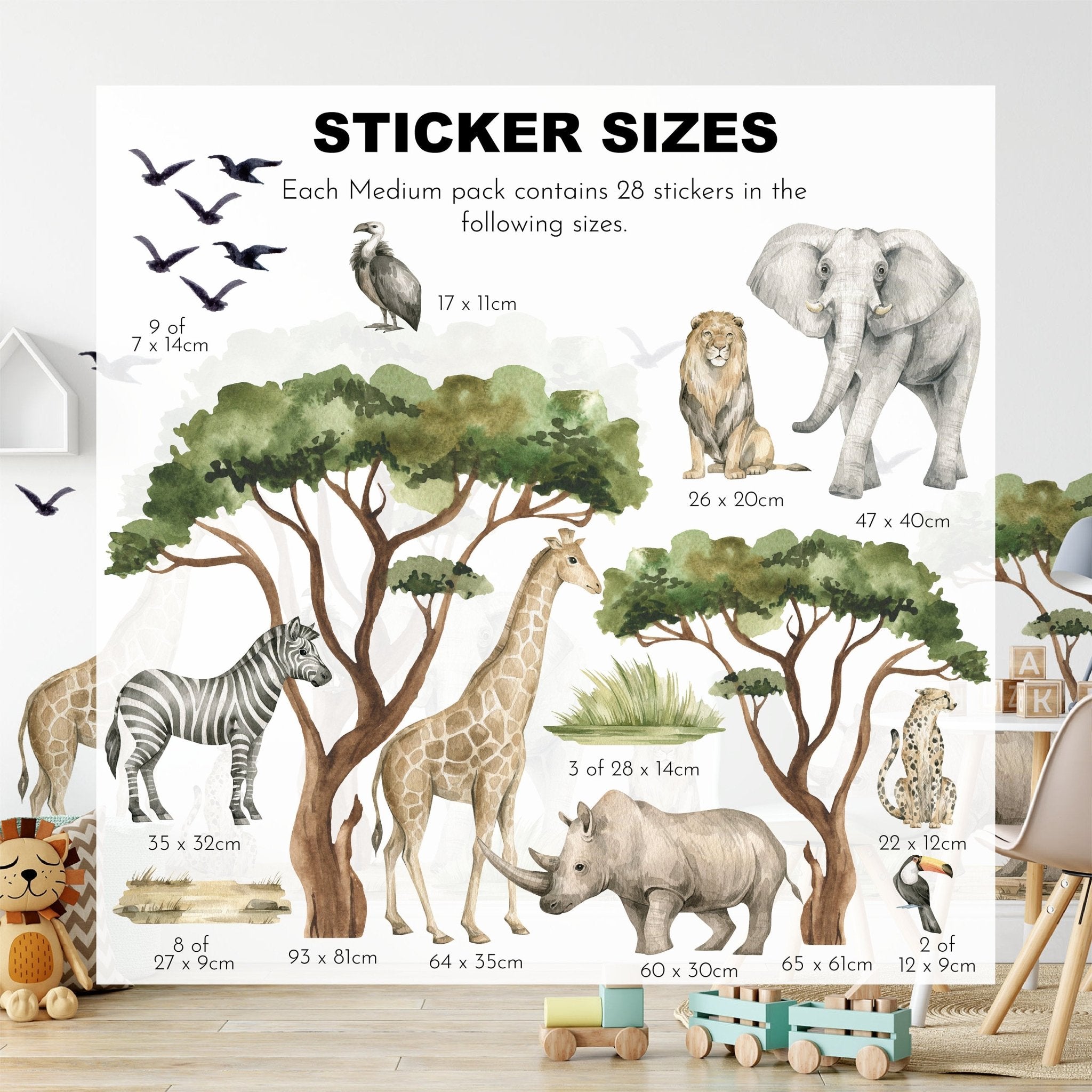The Safari Animals Nursery Stickers by My Store showcases charming watercolor illustrations of lions, elephants, and giraffes with sticker dimensions. These removable decals complement toys in a childs room, adding whimsy with trees and foliage.