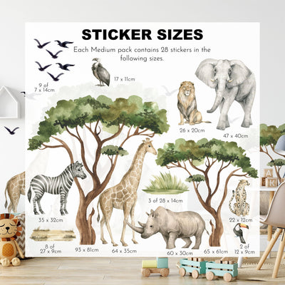 The Safari Animals Nursery Stickers by My Store showcases charming watercolor illustrations of lions, elephants, and giraffes with sticker dimensions. These removable decals complement toys in a childs room, adding whimsy with trees and foliage.